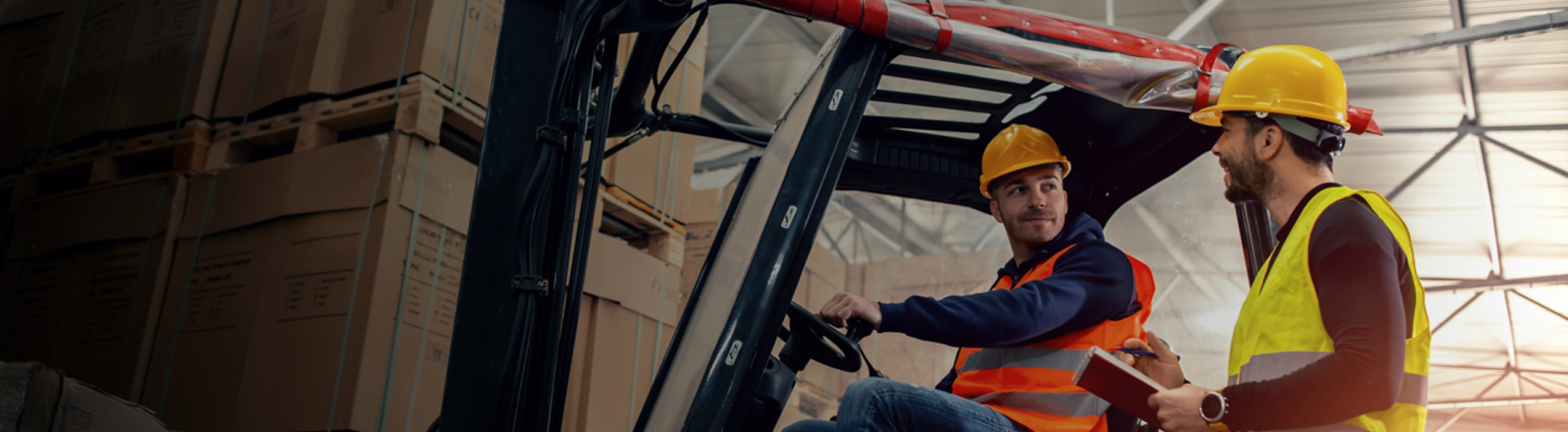 2 Warehouse Workers Hardhats Forklift
